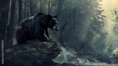 Urso negro nebuloso em cima de uma rocha na floresta photo