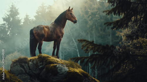 Cavalo em cima de uma rocha na floresta photo
