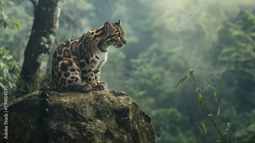 Leopardo nebuloso em cima de uma rocha na floresta