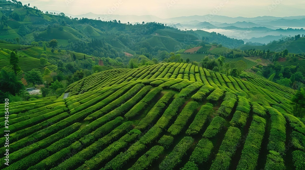 aerial view of a lush green tea plantation on a mountain slope agriculture background