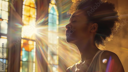 african american woman praying in church sunbeams shining through stained glass window spiritual moment