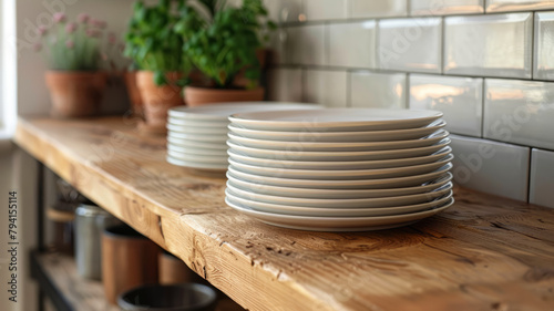 Stack of white plates on wooden kitchen counter