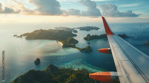 airplane wing flying over tropical islands aerial view from window at golden hour travel concept photo photo