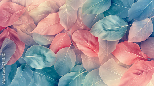  whimsical and enchanting abstract leaf pattern reminiscent of a dreamy botanical wonderland.corporate a variety of leaf shapes and sizes in soft pastel hues photo