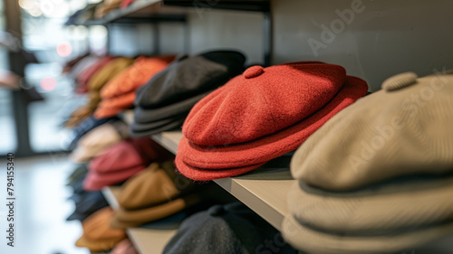 Assorted hats on a store shelf.