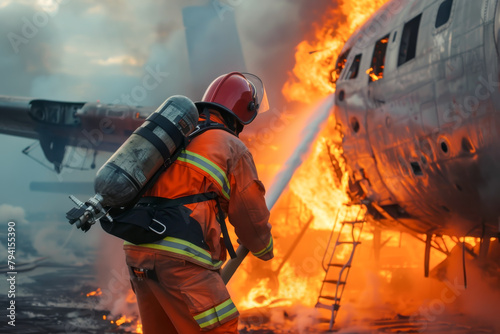 Fire fighters at work, Firefighters in action to fighting with the fire flame from airplane crash at airport. © torjrtrx