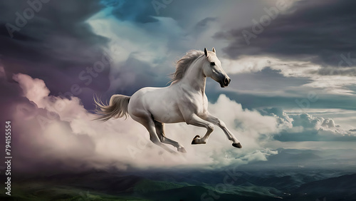 horse in the cloudy sky, beautiful white horse, AI Generative