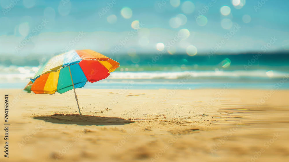 Colorful beach umbrella on sandy shore with sun flare