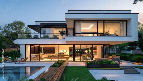  Modern house exterior design, twostory villa with large windows and white walls, black tiles on the roof, glass doors leading to an open balcony area in front of each window. © MIX STOCK IMAGE