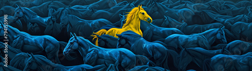 A vibrant yellow horse stands out in a crowd of identical blue horses, symbolizing individuality, uniqueness, and the courage to be different, created with generative AI technology photo