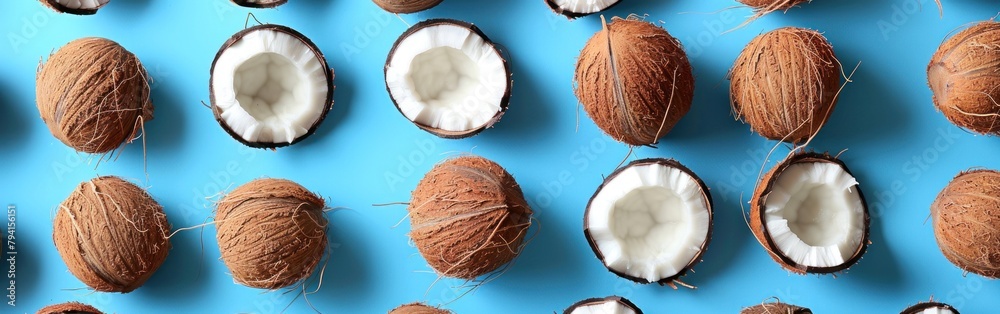 A collection of coconut halves arranged neatly on a vibrant blue background in a flat lay pattern A collection of coconut halves arranged neatly on a vibrant blue background in a flat lay pattern