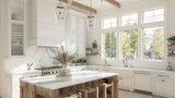 bright airy modern farmhouse kitchen with white cabinetry marble countertops and rustic wood accents large windows fill the space with natural light
