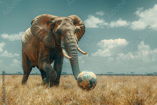 Playful African Elephant Kicking a Soccer Ball, Green lantern lights up 