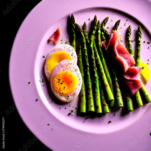 Asparagus salad ingredients over composed plate blanched asparagus poached egg and prosciutto spinning vivaciously with photo