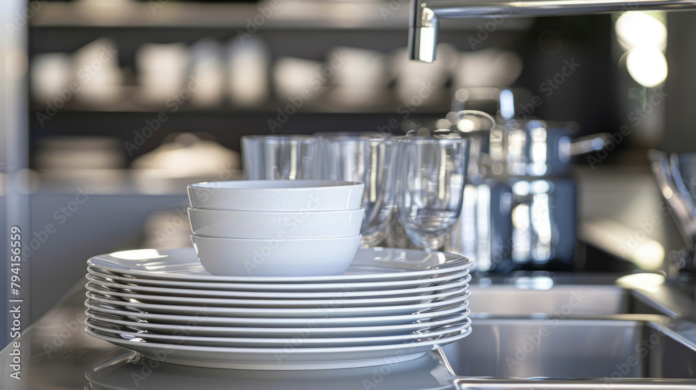 Stack of white dishes in a kitchen cabinet. Stack of white dishes in a kitchen cabinet.