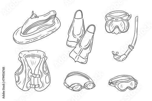 Set of scuba diving elements in doodle style. Clip art of things for summer vacation. Monochrome Vector outline illustration isolated on white background