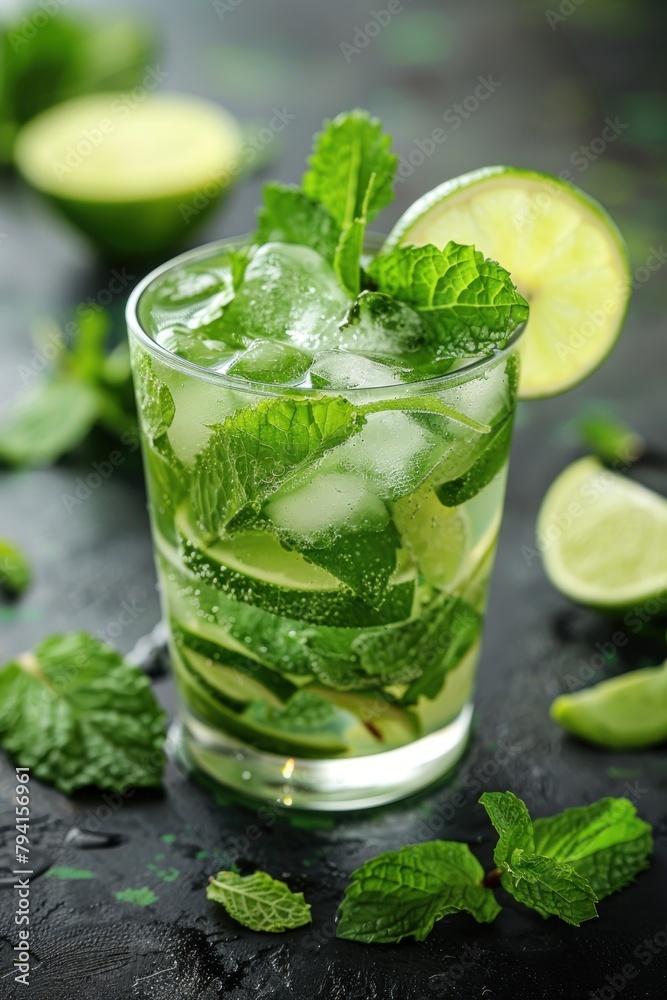 A glass of mojito cocktail garnished with fresh mint leaves and lime slices on a table A glass of mojito cocktail garnished with fresh mint leaves and lime slices on a table