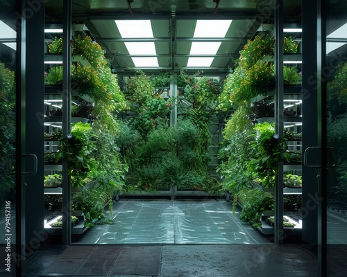 an underground network of indoor vertical farms, cultivating a hidden oasis of greenery amidst the concrete jungle