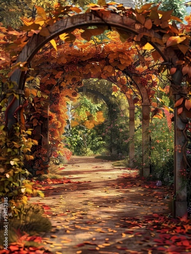 a path with orange leaves and a archway