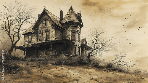Abandoned House Sepia Tone Ink Drawing on Canvas