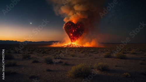 Heart-shaped eruption illuminates serene night sky, casting ethereal glow over barren landscape. Amidst tranquil desert, this fiery spectacle emerges, contrasting calmness of surrounding nature. photo