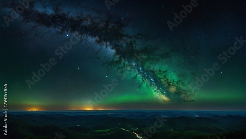 Celestial Panorama, Expansive View of the Universe with Stars and Vibrant Hues of Emerald Green. © xKas