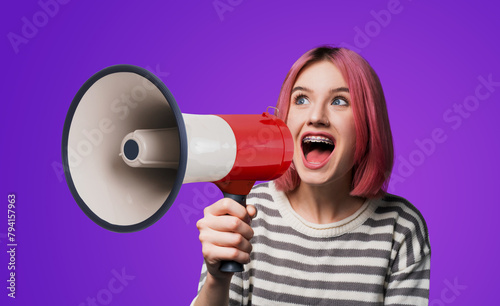 Funny very happy pink woman wear dent dental tooth braces brackets, sweater advertise use mega phone megaphone loudspeaker bullhorn, shout advertise, isolated violet purple background. Sales ad.