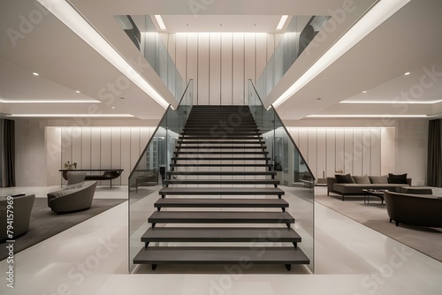 Sleek staircase, minimalist design, elegant and spacious interior with bright lighting