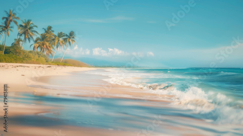 Serene tropical beach with palm trees and waves on a sunny day © Michael