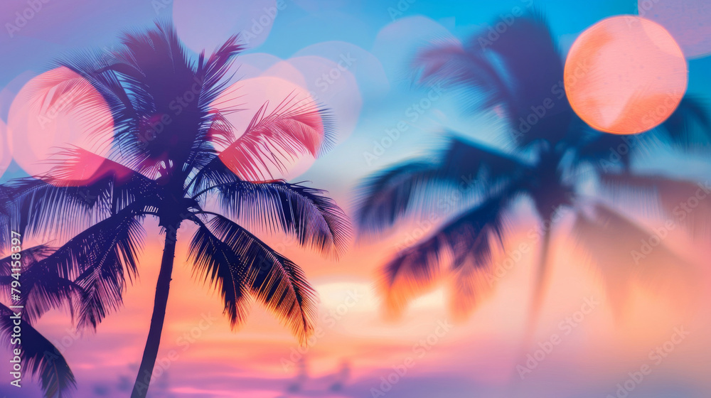 Serene backdrop with blurred lights, silhouetted palm trees, and a vibrant sunset
