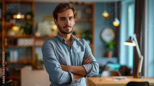 Serious handsome business company owner man in informal casual clothes posing in office for shooting, looking at camera