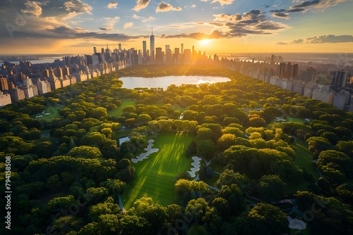 A stunning aerial view of Central Park at sunset, with the New York City skyline in the background and lush greenery spread across its vast expanse. The sun casts long shadows over the trees as it set photo