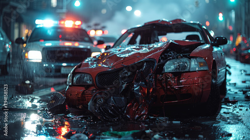 A wrecked car at night with police presence.