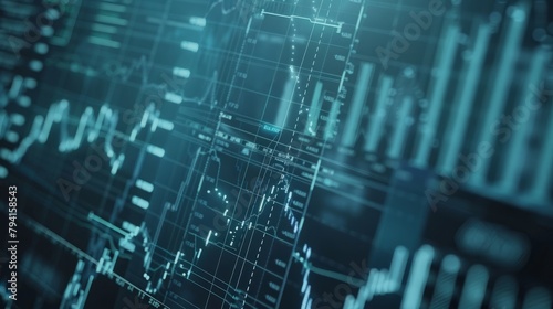 Futuristic Data Interface - Blue Financial Network Visualization. A high-tech blue grid interface representing a digital data network.