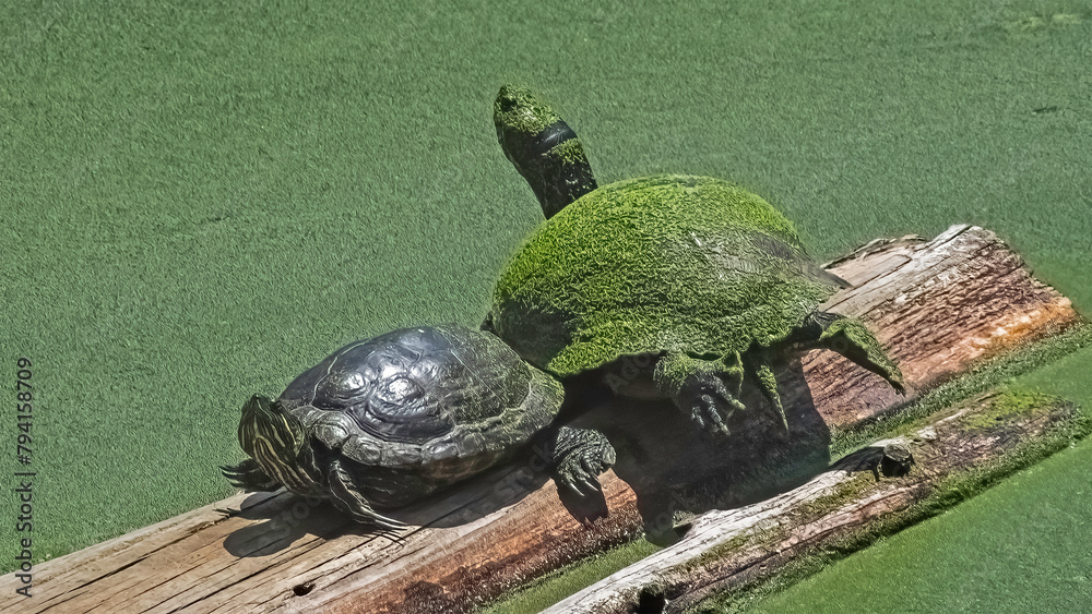 Obraz premium Effects of climate change on a pair of Red Eared Slider Turtle Terrapins (Trachemys scripta elegans) covered in a cyanobacteria algal bloom scum in warm pond waters. Long Island, New York, USA