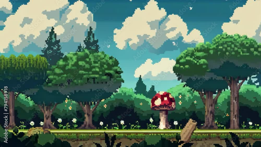 Pixel art of a lush forest landscape with a whimsical oversized ...