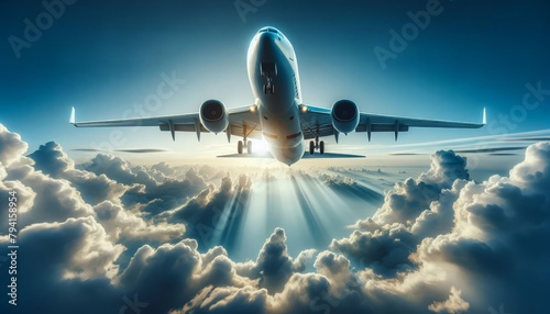 The plane flies over beautiful clouds against the background of the sun and the lines of its rays in the backlight. Air travel, travel agency. Symbolic banner of an airline, travel agency, air carrier photo