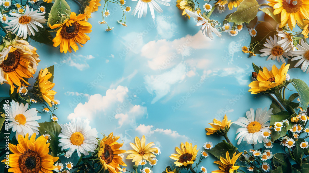 Fototapeta premium Vibrant sunflowers and daisies bordering a clear blue sky, ideal for summer-themed design