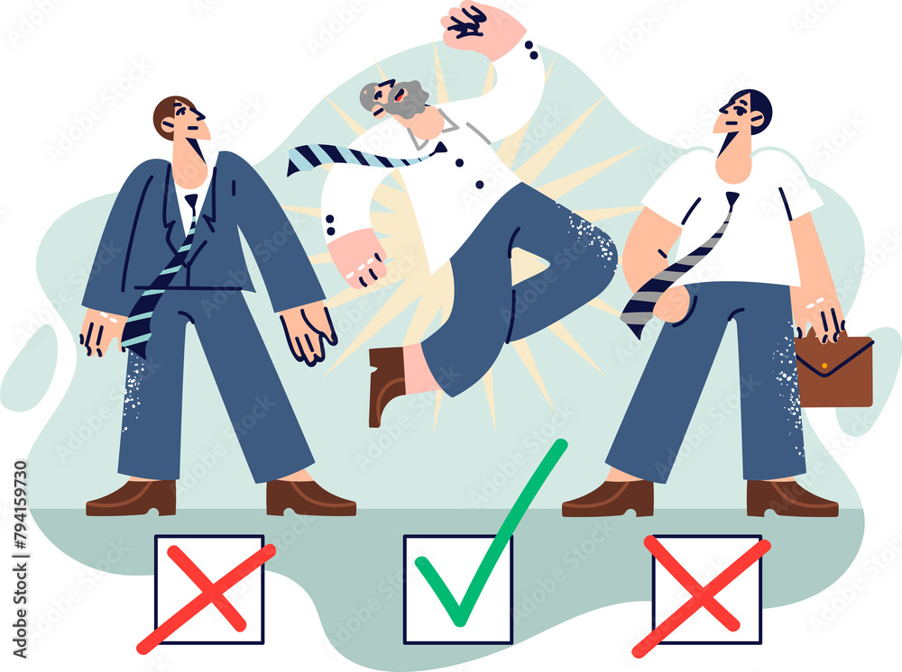 Experienced business man wins competition among young employees of company by jumping over checkbox. Experienced corporate manager celebrating promotion or bonus increase for good work Experienced business man wins competition among young employees of company by jumping over checkbox. Experienced corporate manager celebrating promotion or bonus increase for good work