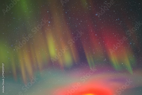 Red green aurora borealis. Night starry sky and colorful polar lights.