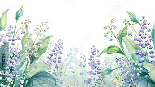 spring flowers watercolor border lily of the valley and lilac blossoms delicate floral illustration