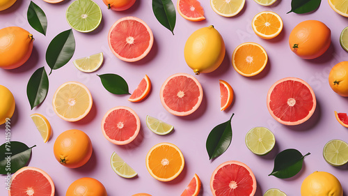 Creative background made of summer tropical fruits with leaves  grapefruit  orange  tangerine  lemon  lime on pastel yellow background. Food concept