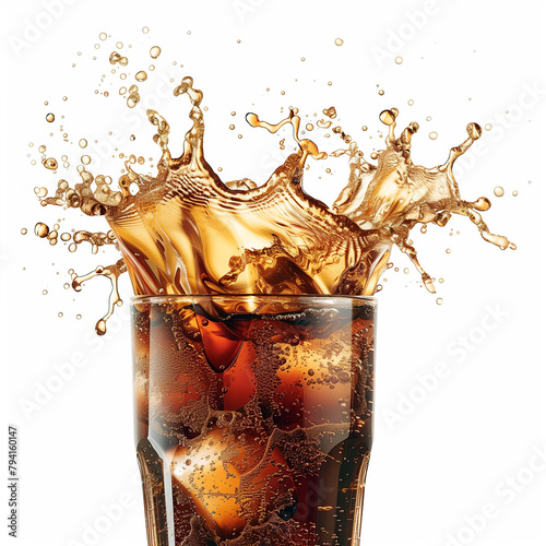 Splash of coke and ice cubes. Cola soda with ice in glass with splash. Cola with ice. Texture of carbonate drink with bubbles in glass. Cold drink background.