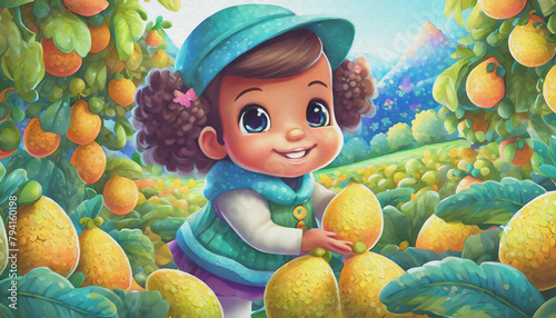 oil painting style CARTOON CHARACTER CUTE BABY Children Exploring a lemons Patch on a Chilly Autumn Day, © stefanelo