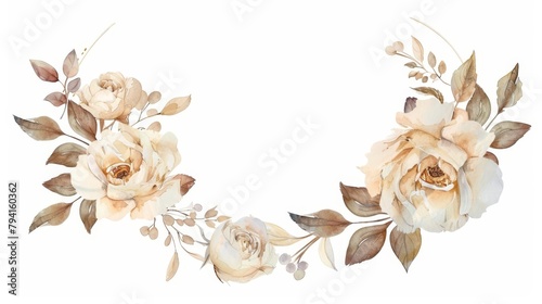 watercolor floral invitation with cream roses and leaves semicircular frame isolated on white