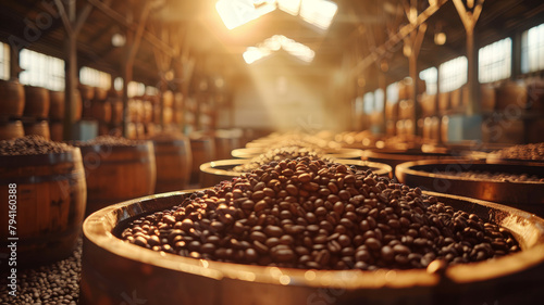 Rows of coffee beans in barrels.