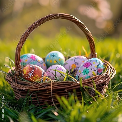 A basket full of Easter eggs, sitting in the grass. photo