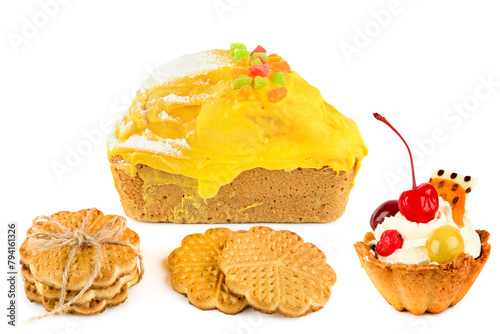 Lemon cupcake, nut cookies and fruit cake, isolated on white. Collage.