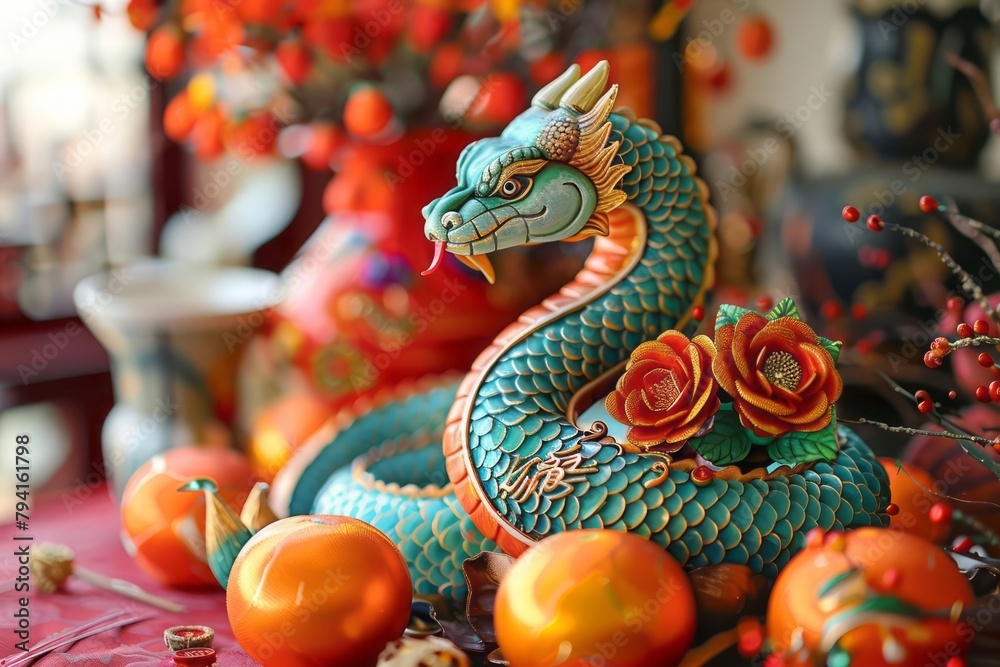 Elegant snake motif, traditional Lunar New Year decorations, 2025 theme