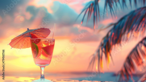 Refreshing cocktail with sunset and palm silhouettes in the background © Michael